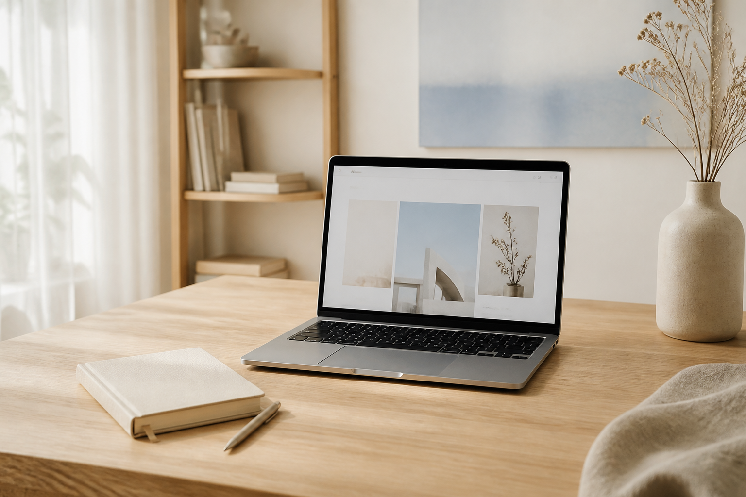 Rustige werkplek met laptop en websiteontwerp